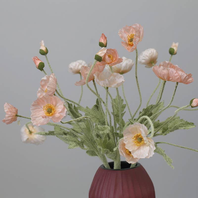 22'' Single Flocked Floral Poppy Spay, Colorful Silk Poppies