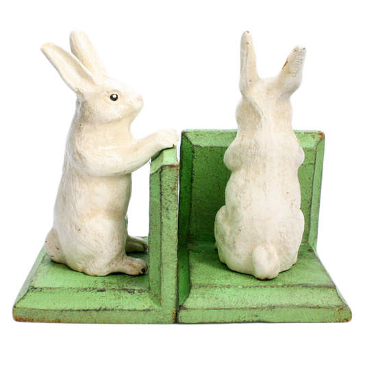Pair Bunny Bookends- Cast Iron - White