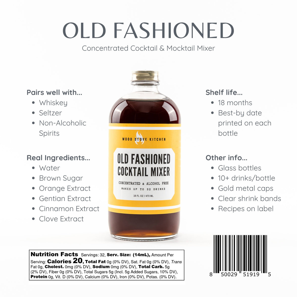 Old Fashioned Cocktail Syrup, 16 fl oz - for Cocktails and M