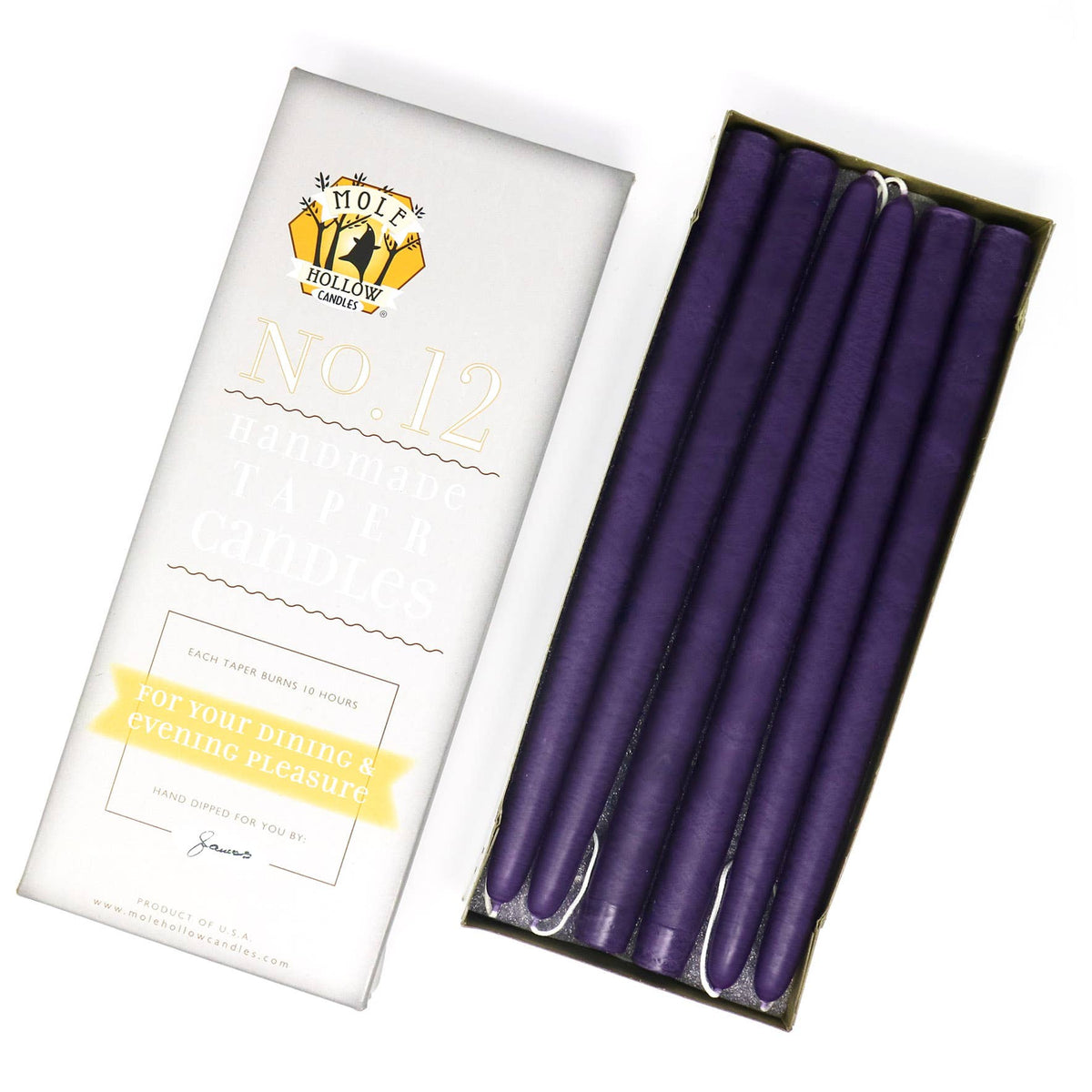 12" Hand Dipped Unscented Taper Candles - 39 Colors USA Made