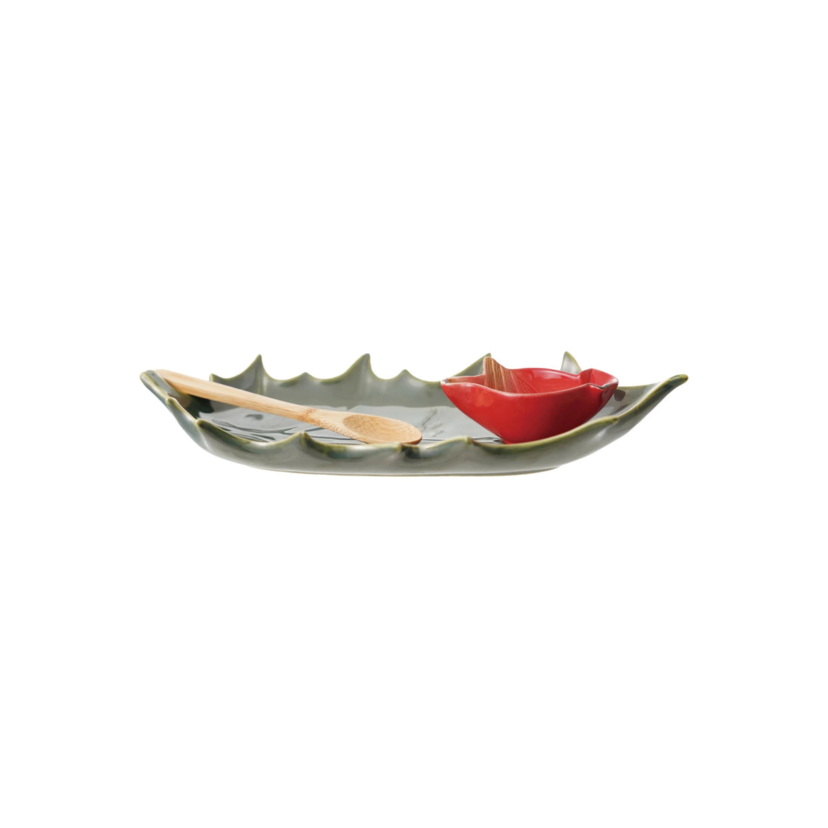 Stoneware Plate with Dish & Bamboo Spoon, Boxed Set of 3