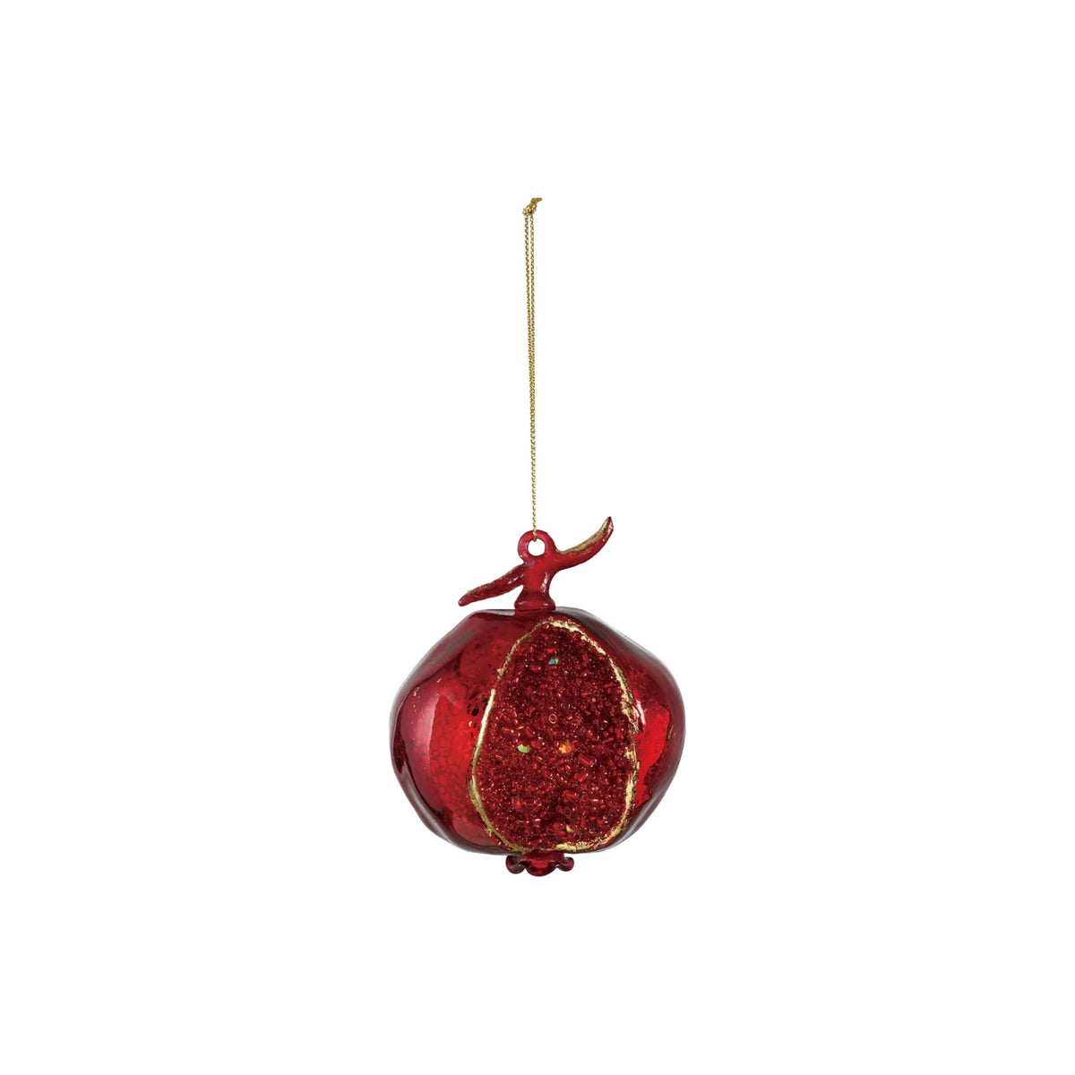 Hand-Painted Mercury Glass Pomegranate Ornament with Beads, Red & Gold Finish