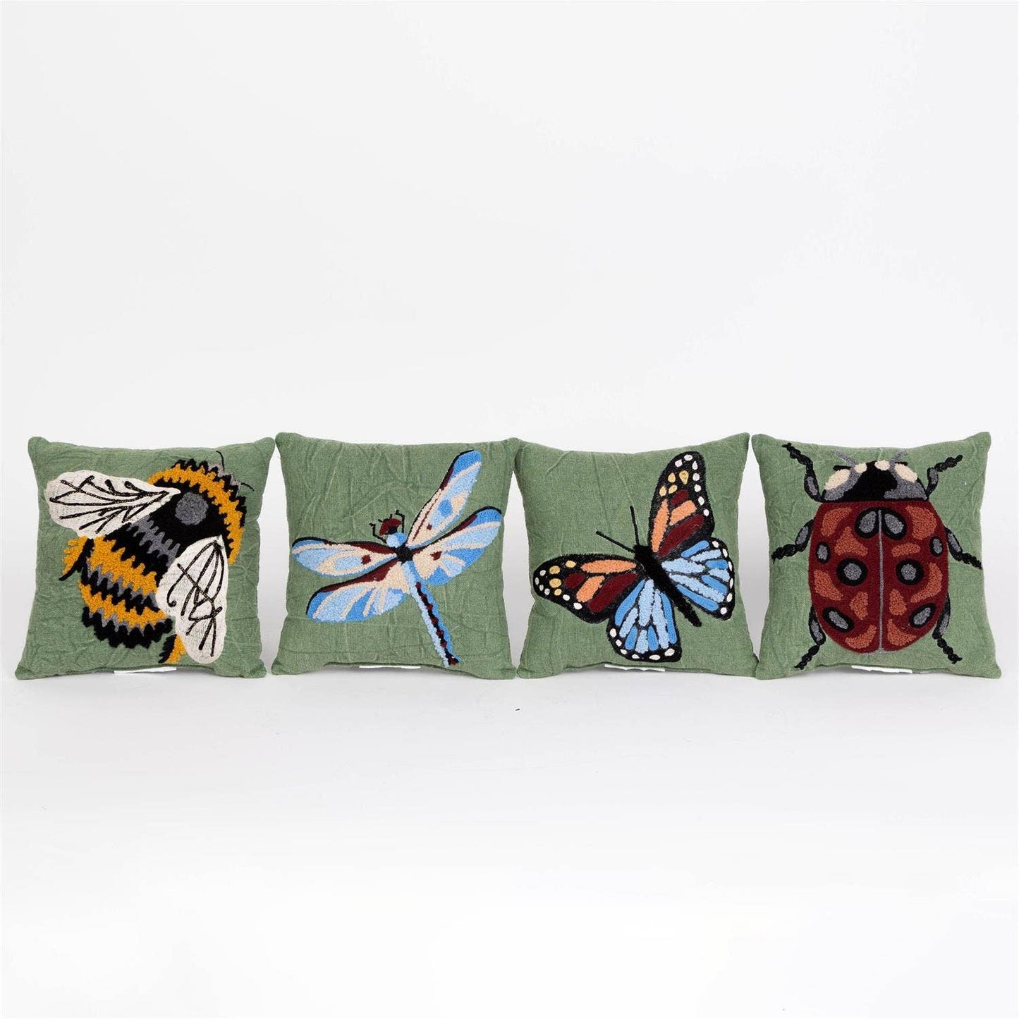 Mini Bug Pillows – Embroidered Green Canvas