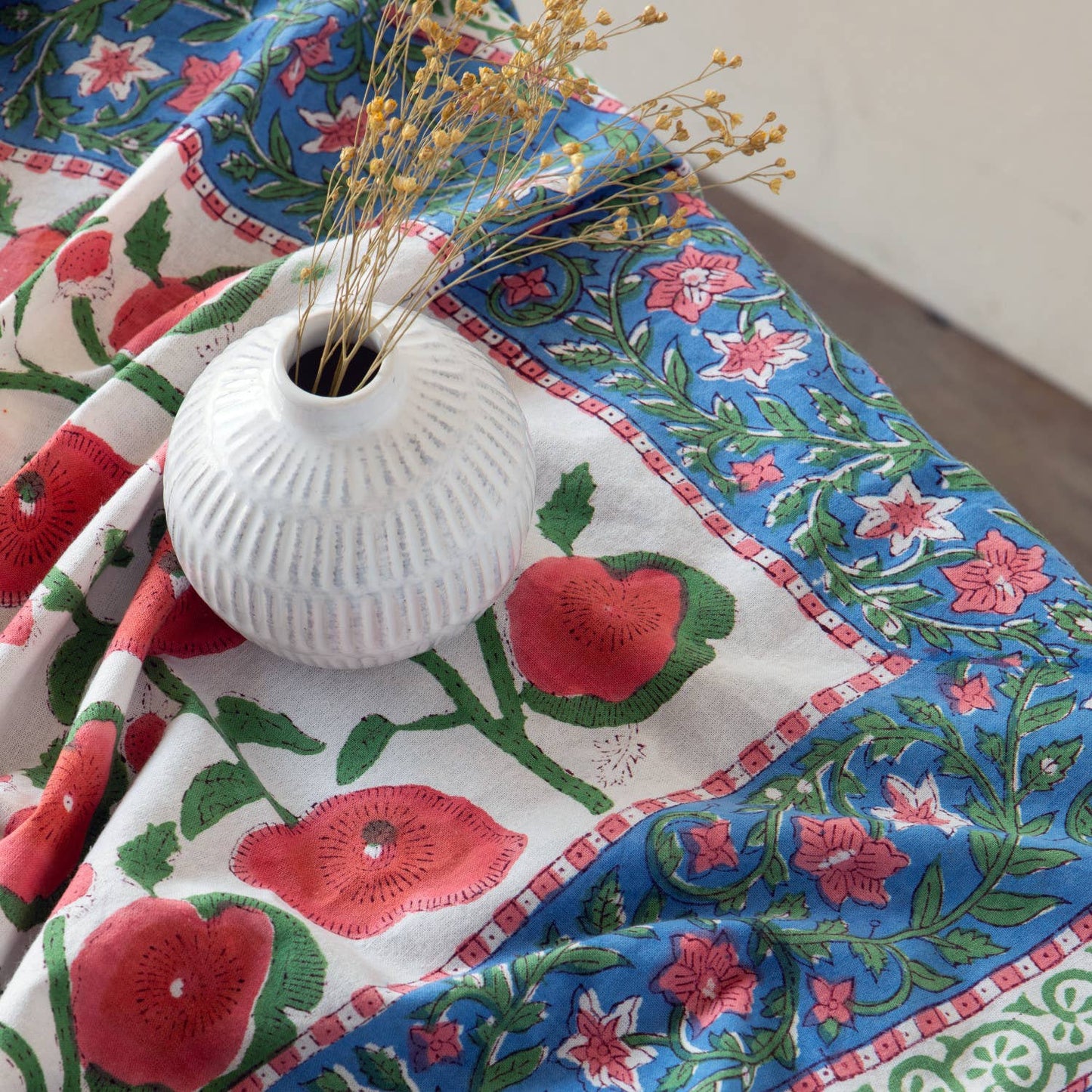 Poppy Block Print Tablecloth 90 x 60 inches