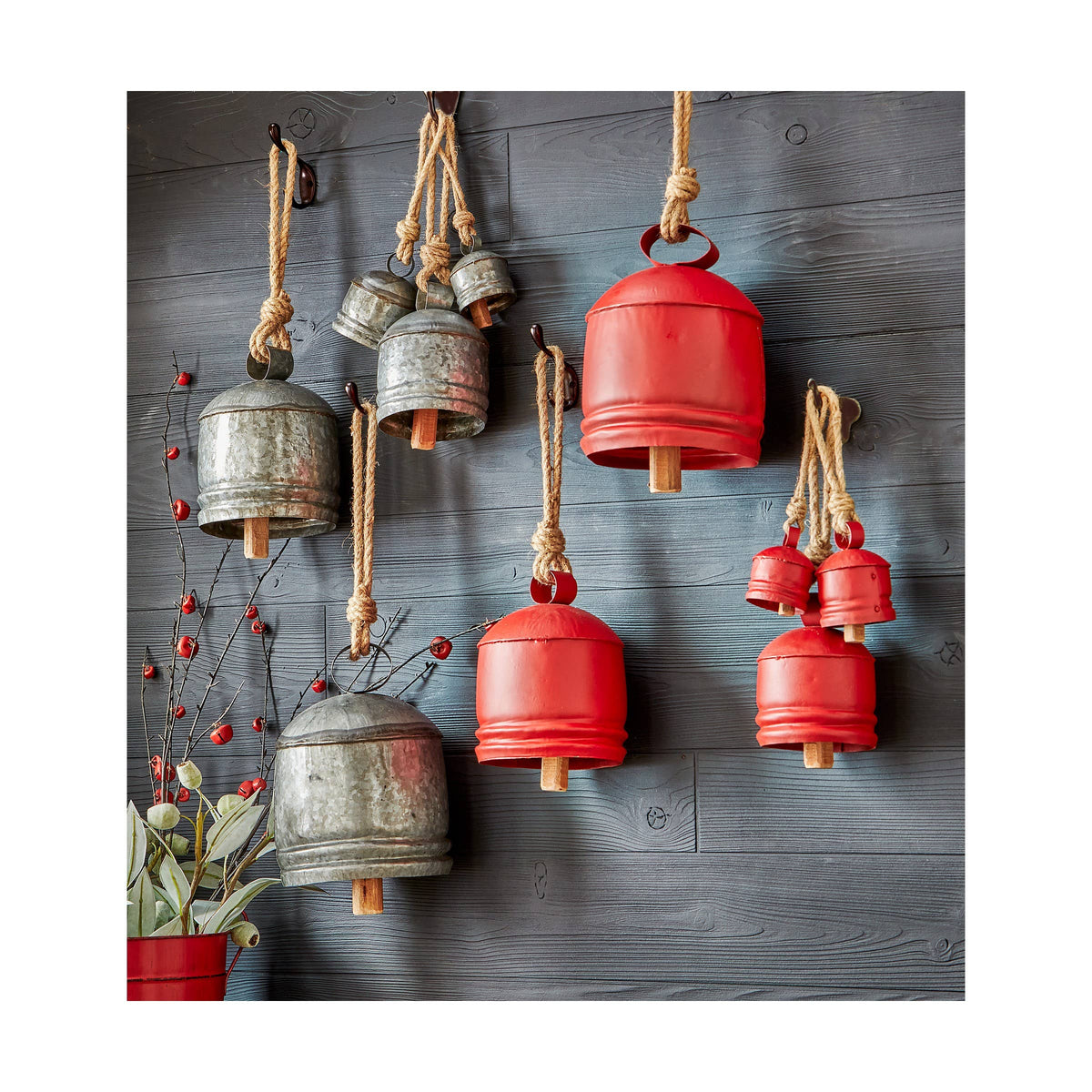 Antique Hanging Bells Set/3 Red Wrought Iron Christmas