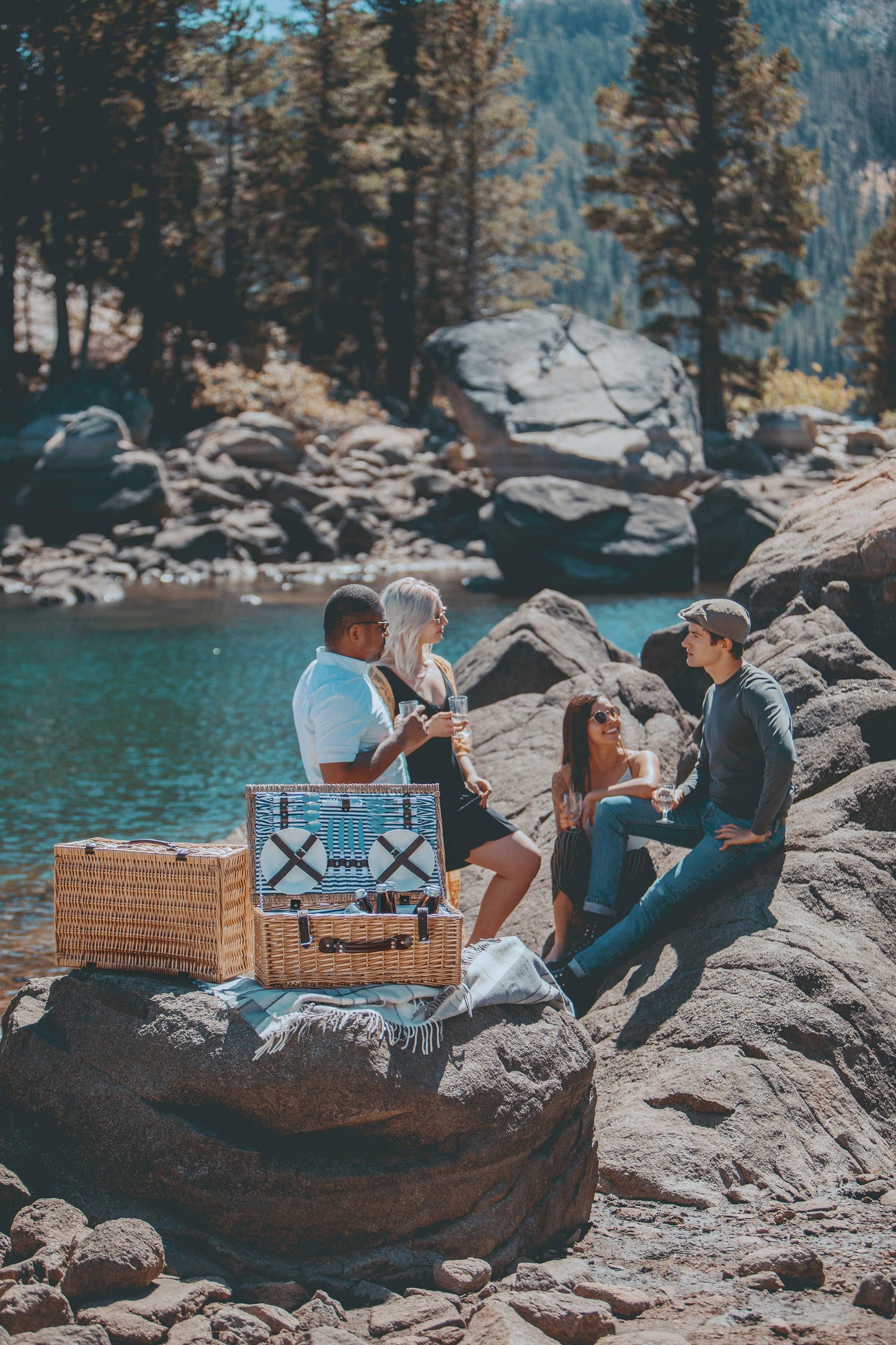 Belmont Picnic Basket, (Navy Blue & White Stripe)