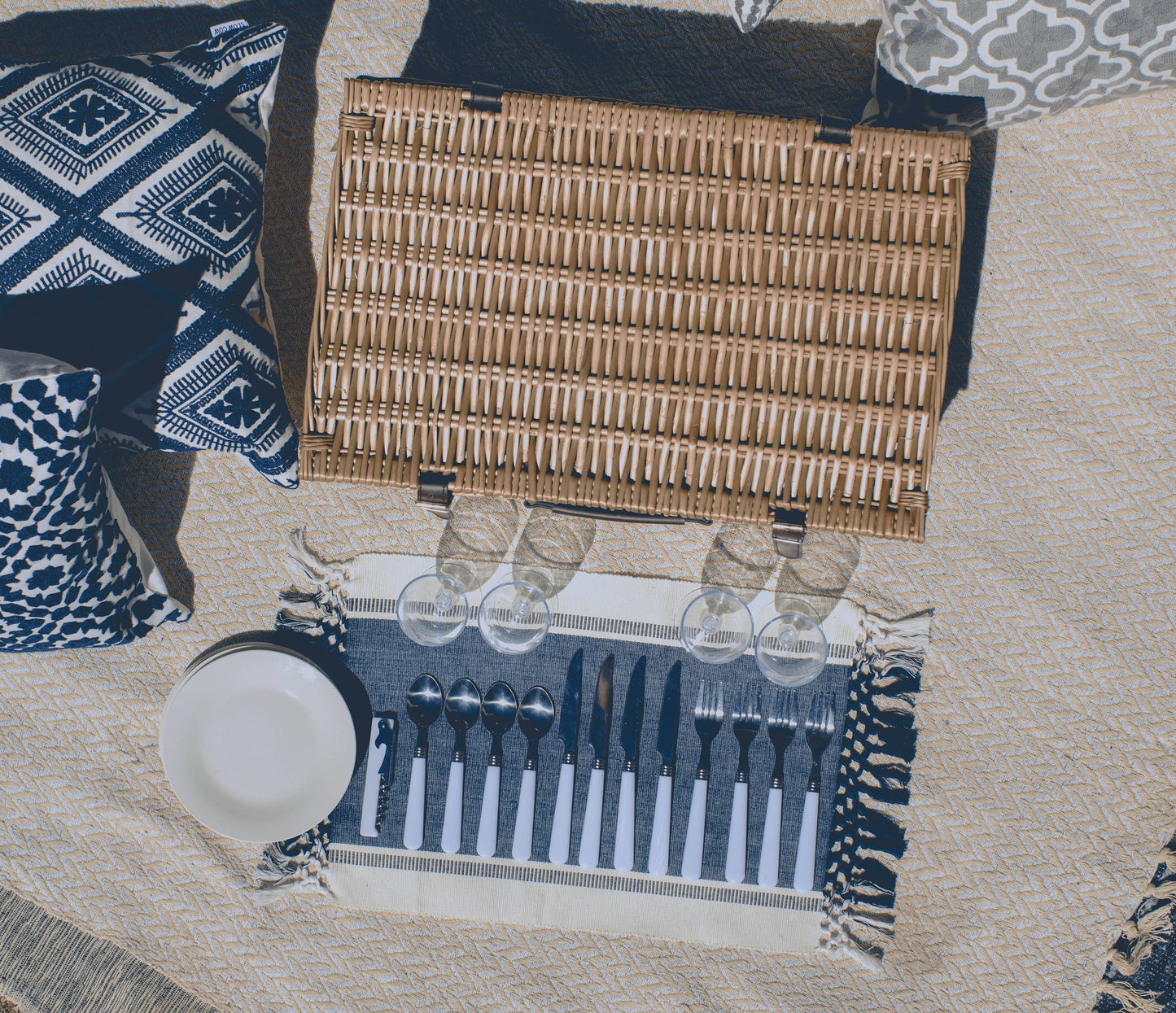 Belmont Picnic Basket, (Navy Blue & White Stripe)