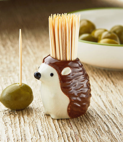 Hedgehog Toothpick Holder Brown Ceramic & Bamboo