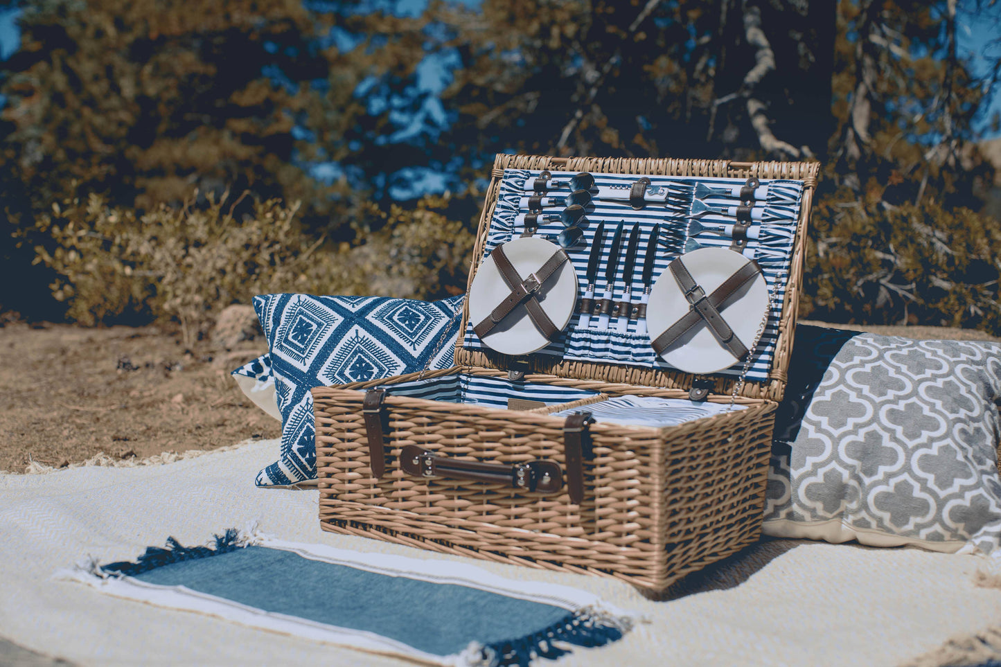 Belmont Picnic Basket, (Navy Blue & White Stripe)