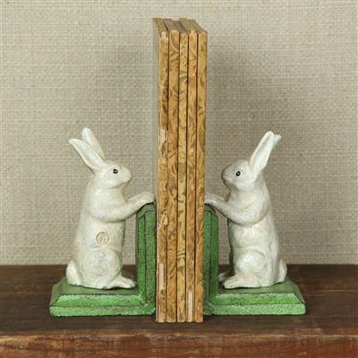 Pair Bunny Bookends- Cast Iron - White