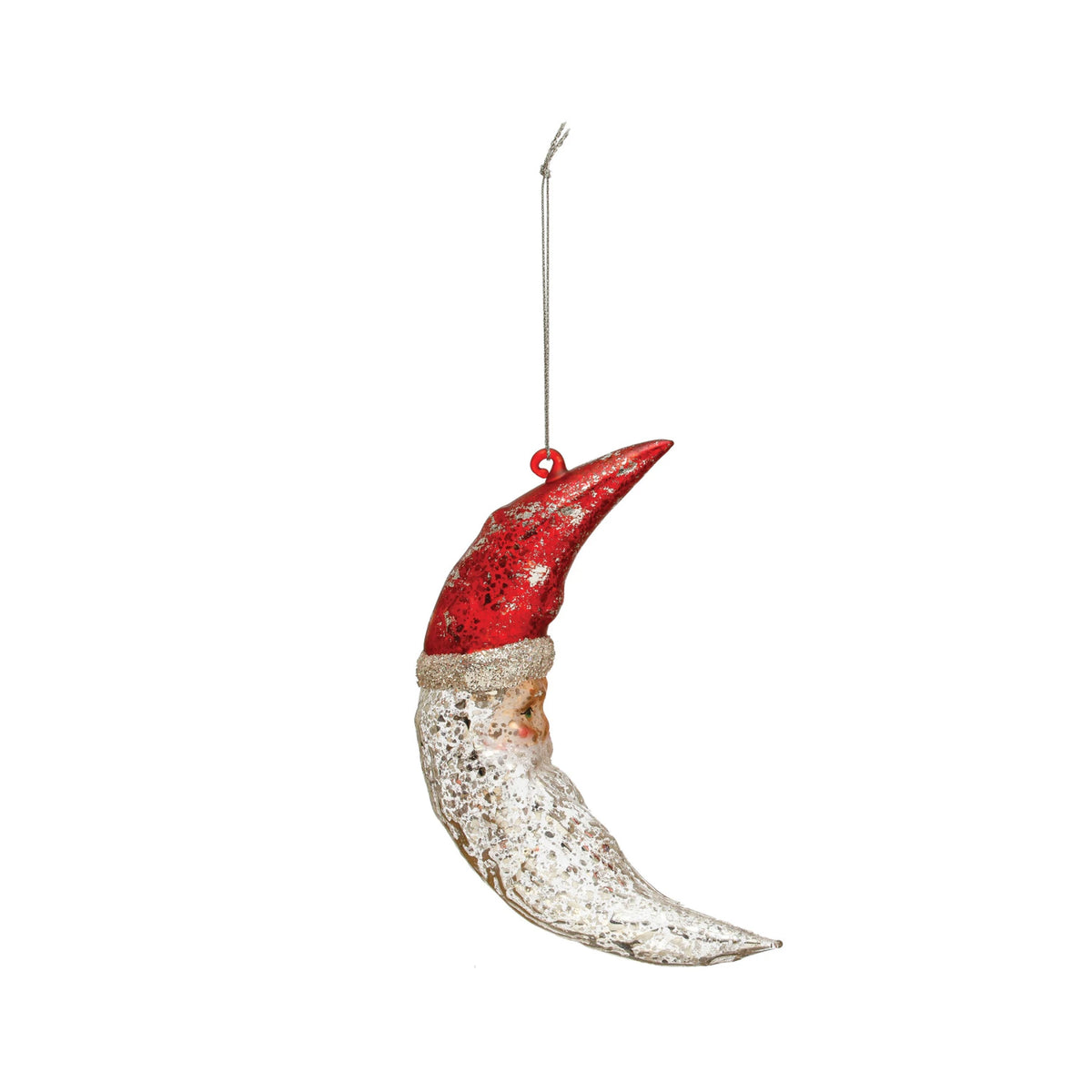 6-1/4"H Hand-Painted Mercury Glass Santa Moon Ornament w/ Glitter, Red & Silver Finish