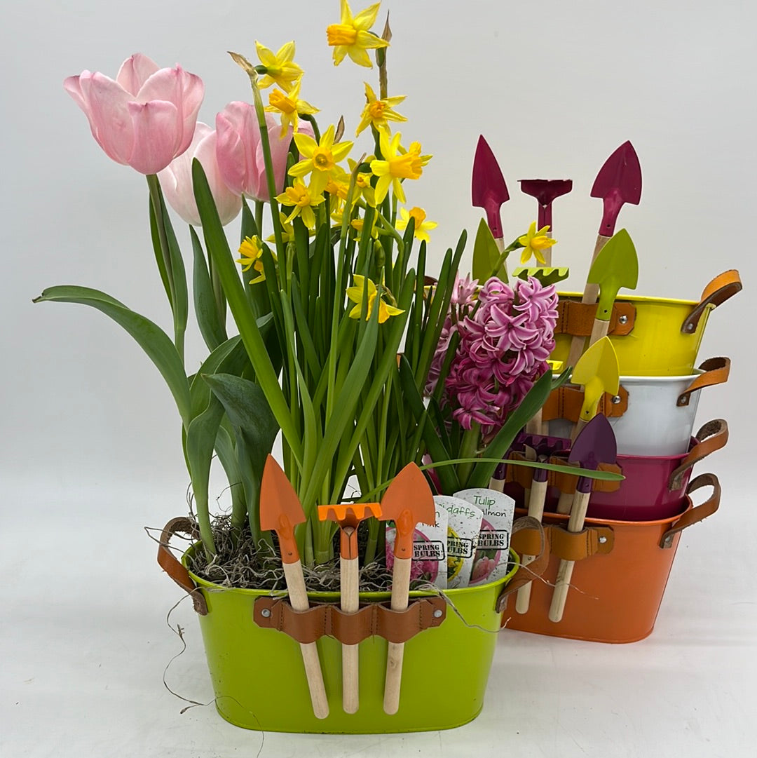 Colorful Oval Metal Planter w/ Mini Tools